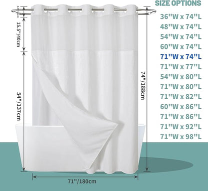 White No Hook Waffle Weave Shower Curtain with snap-in Liner Replacement, 230GSM Waterproof Fabric Hotel Shower Curtain Set for Bathroom, Through Mesh Top Window,71Wx74H