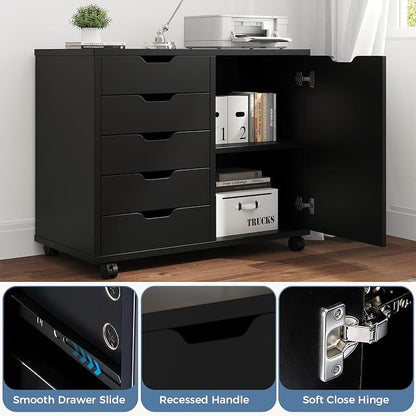 DUMOS 5 Drawer File Cabinet Office Drawers Organizer with Wheels, Under Desk Cabinets with Shelves and Door Printer Stand with Wood Board Metal Frame for Home Office Storage Craft Room, Classic Black