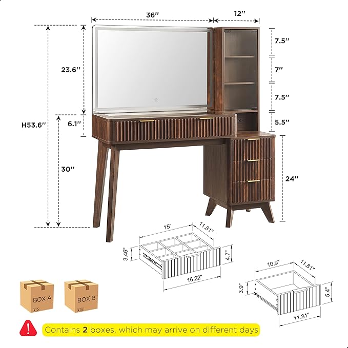 RedLemon 48" Fluted Vanity Desk with 36" Large HD Mirror and Lights, Modern Wood Glass Tabletop Makeup Table with Adjustable Storage Shelves, 5 Drawers, Charging Station for Bedroom, Dark Walnut