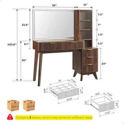 RedLemon 48" Fluted Vanity Desk with 36" Large HD Mirror and Lights, Modern Wood Glass Tabletop Makeup Table with Adjustable Storage Shelves, 5 Drawers, Charging Station for Bedroom, Dark Walnut