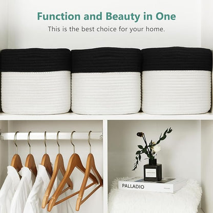 Cotton Rope Storage Basket, 15x10x9 Inches, Woven Basket for Shelves, Clothes, Towels, Books, and Laundry, Black/White (3 Pack)