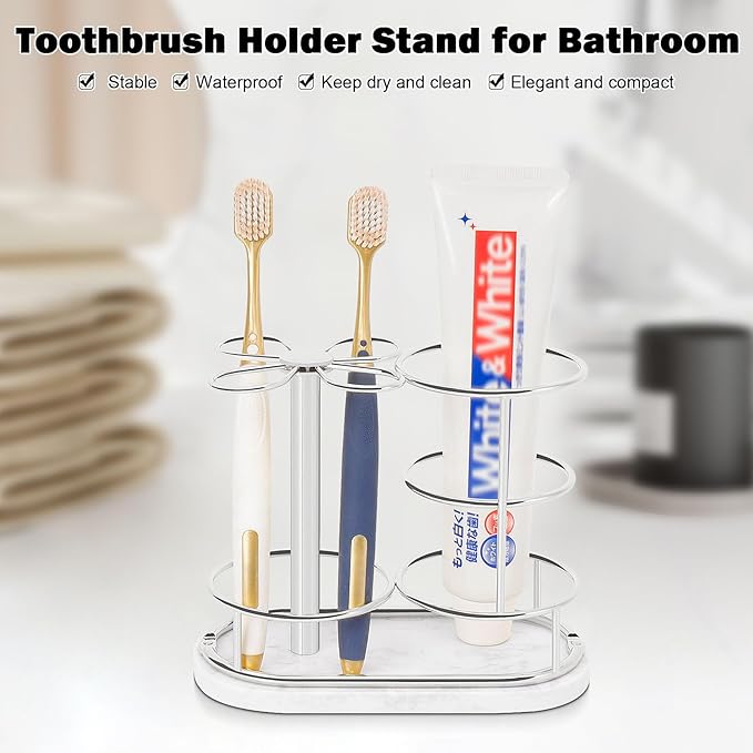 Toothbrush Holder Stand for Bathroom, Metal Toothbrush Organizer with Marble Base, Toothbrush Storage Collection for Family, Suitable for Home Hotel Countertop Vanity (Medium, Chrome Finish)