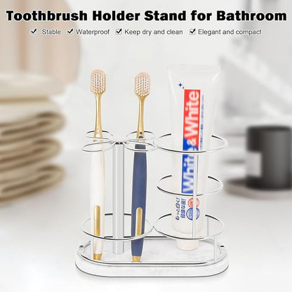 Toothbrush Holder Stand for Bathroom, Metal Toothbrush Organizer with Marble Base, Toothbrush Storage Collection for Family, Suitable for Home Hotel Countertop Vanity (Medium, Chrome Finish)