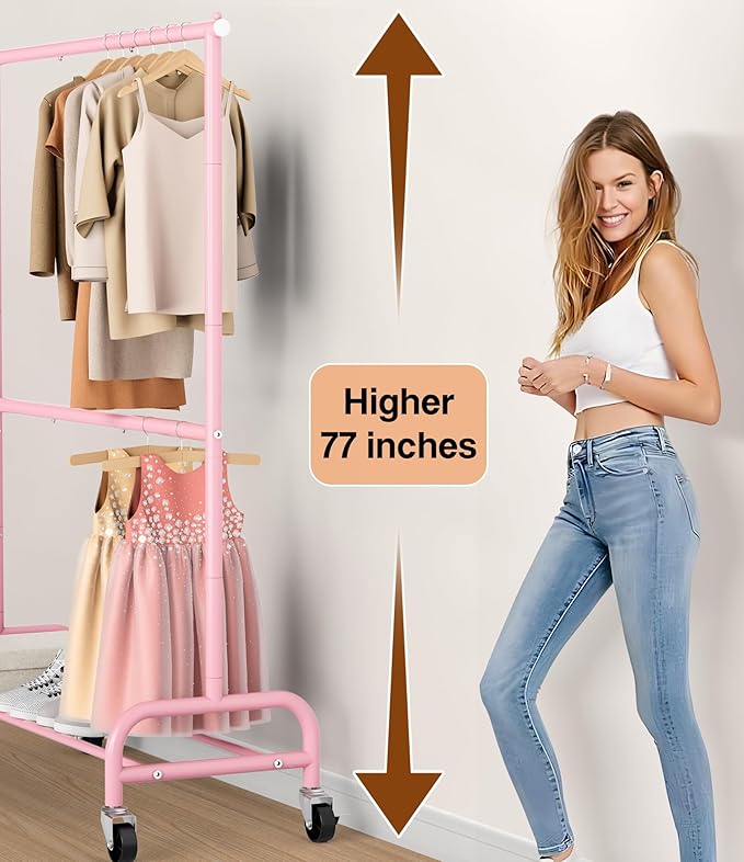 MISSLO Heavy Duty Clothing Racks for Hanging Clothes Rack Double Rod Garment Rack Rolling Closet Wardrobe Rack on Wheels, Metal, Adjustable (Pink)