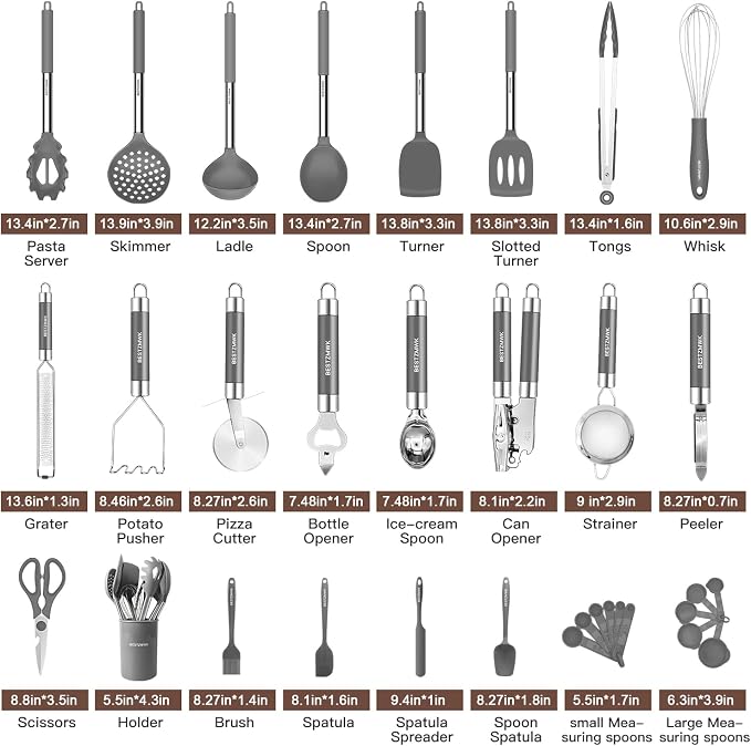 Kitchen Utensils Set-Silicone Cooking Utensils-32pcs Non-Stick Silicone Cooking Kitchen Utensils Spatula Set with Holder-Best Kitchen Cookware with Stainless Steel Handle (Grey)