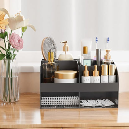 Makeup Organizer with Drawers, Cosmetic Storage for Dresser Vanity and Bathroom Countertop, Beauty Holder for Lipstick Brush, Skincare Organizer for Vanity, Cosmetic Display Case (Black)