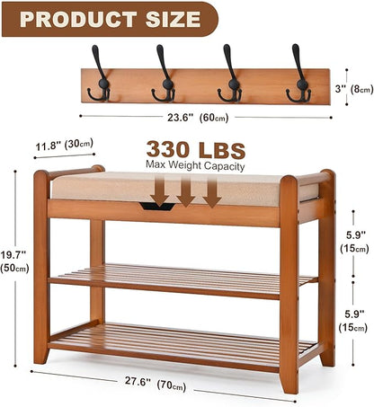 Shoe Storage Bench with Coat Rack, 27.6in Hall Tree Shoe Rack, 3-Tier Bamboo Entryway Bench Holds Up to 330lb for Bedroom Hallyway