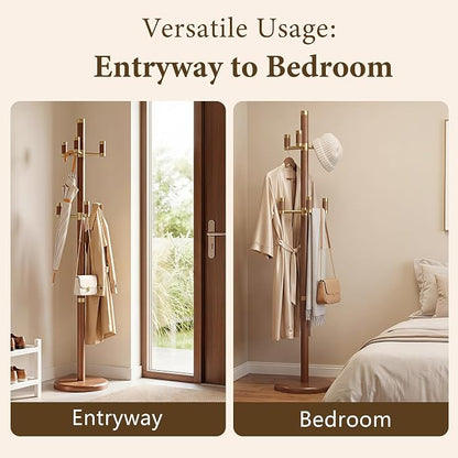 Solid Wood Freestanding Coat Rack with 6 Gold Metal Hooks, Heavy-Duty Freestanding Coat Stand for Coats, Hats, and Bags, Coat Racks for Bedroom, Entryway, and Living Room (Walnut)