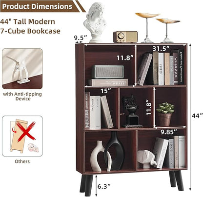 LEYAOYAO 7 Cube Bookshelf 3-Tier Bookcase with Legs, Mint-Walnut Kids Book Shelf Cute Storage Organizer, Toy Shelves Bookshelves,Wood Display Bookcases