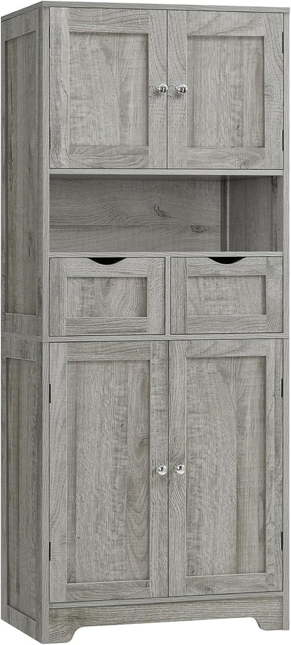 TEENFON 57.8" H Tall Storage Cabinet with 2 Drawers & 2 Adjustable Shelves, Bathroom Storage Cabinet with 4 Doors, Floor Cupboard, for Living Room, Dining Room, Entryway, Woodgrain Gray