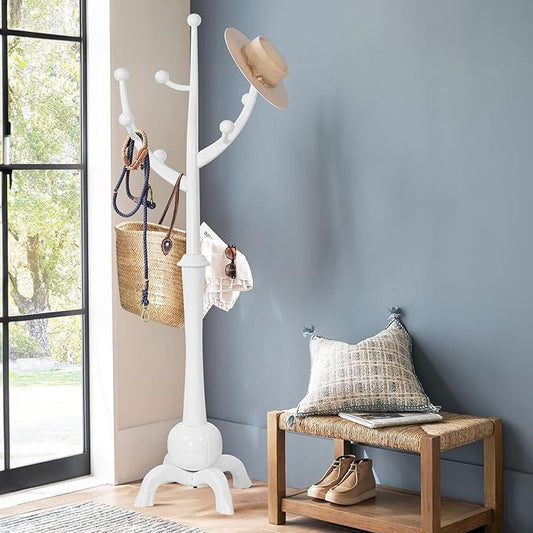 Bekrvio Freestanding Wood Coat Rack with Stable Sphere Base, White | 8 Hooks Tree Branch Design, Heavy Duty Standing Coat Hanger for Entryway, Hallway, Bedroom, Foyer; Hangs Coats, Hats, Bags