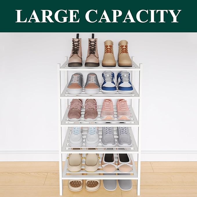 Smiry Small Bamboo Shoe Rack 5-Tier, Stackable Wooden Shoe Organizer for Entryway & Closet, Free Standing Wood Shoe Storage Shelf for Front Door & Small Spaces, White