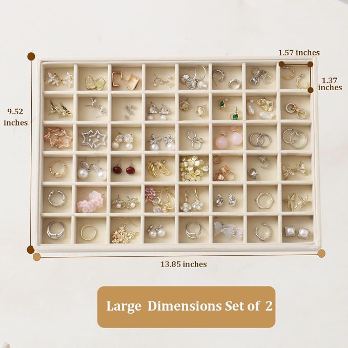 Large Velvet Jewelry Tray 2 Pack Stackable Jewelry Display Drawer Inserts Trays Organizer for Earring Bracelet Necklace Ring (Beige, 48 Grids)