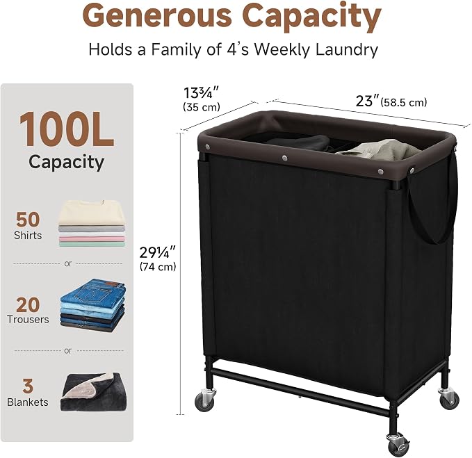 StorageWorks 2 Section Laundry Hamper, Rolling Laundry Cart with Wheels and Handles, Laundry Room Double Sorter for Organizer and Storage, 26.4 Gal(100L), Black