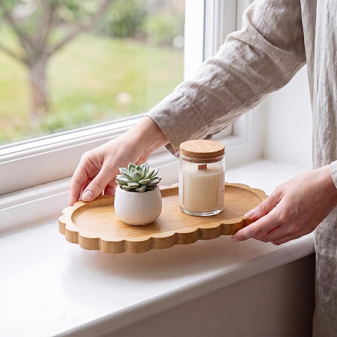 Scalloped Bamboo Soap Dispenser Tray Bathroom Rustic Decor Bamboo Countertop Tray Scalloped Soap Dish Jewelry Holder Vanity Bathtub Organizer for Bathroom Kitchen Home Decor(7'',Oval)