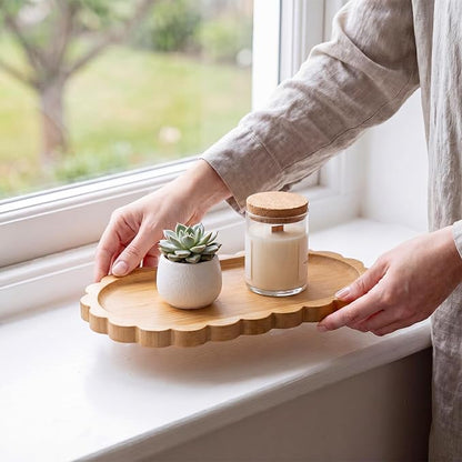 Scalloped Bamboo Soap Dispenser Tray Bathroom Rustic Decor Bamboo Countertop Tray Scalloped Soap Dish Jewelry Holder Vanity Bathtub Organizer for Bathroom Kitchen Home Decor(7'',Oval)