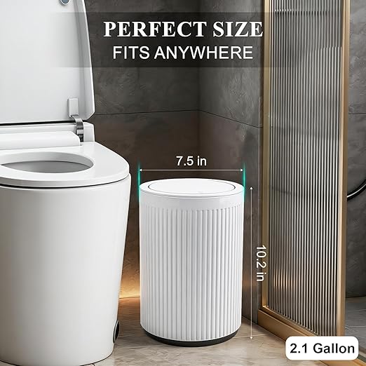 JiatuA Small Bathroom Trash Can with Lid, 2.1 Gallon Garbage Can with Pop-Up Lid Trash Bin Round Wastebasket for Kitchen Bedroom Office Living Room Toilet College Dorm, White