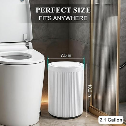 JiatuA Small Bathroom Trash Can with Lid, 2.1 Gallon Garbage Can with Pop-Up Lid Trash Bin Round Wastebasket for Kitchen Bedroom Office Living Room Toilet College Dorm, White