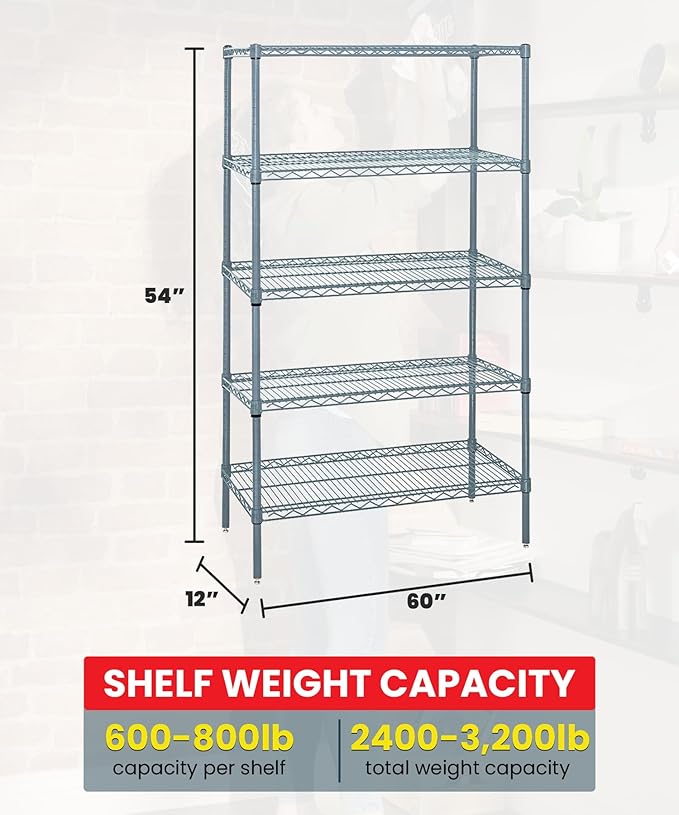 Quantum Storage Systems WR54-1260GY-5 Wire Shelving 5 Shelf Starter Units, 12" x 60" x 54", Gray Epoxy
