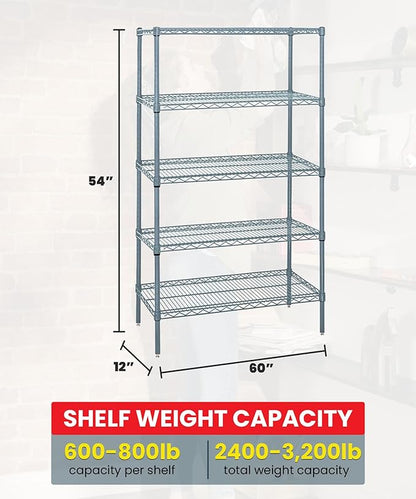 Quantum Storage Systems WR54-1260GY-5 Wire Shelving 5 Shelf Starter Units, 12" x 60" x 54", Gray Epoxy