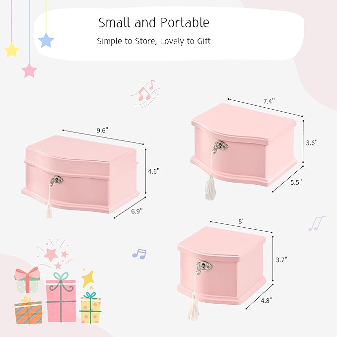 Wooden Musical Jewelry Box for girls with Mirror and Key Lock, Gift for Kids on Birthdays and Holidays (Pink, Small) (Beige, Medium)