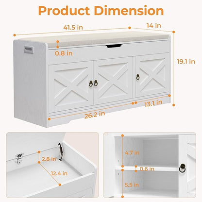 Farmhouse Shoe Storage Bench, Entryway Bench with Cushion Seat, Lift Top Storage, Adjustable Shelf, 3 Doors, 330 lbs Capacity, Storage Bench for Entryway, Bedroom, Living Room (White)