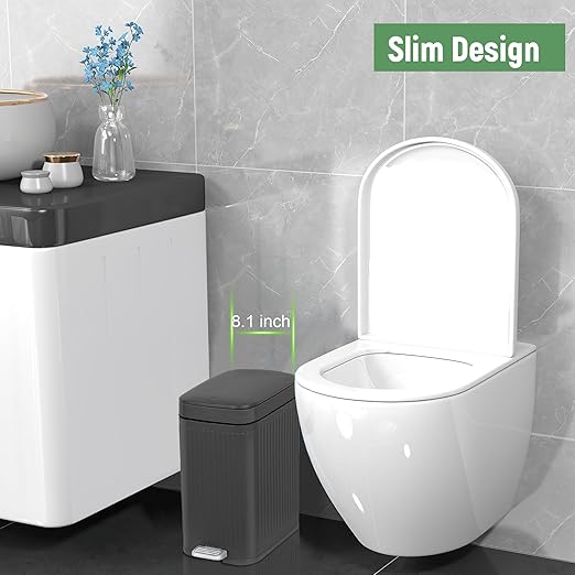 rejomiik Small Bathroom Trash Can with Lid Slim Soft Close Garbage Can Step Wastebasket Container Trash Bin for Office Bedroom Kitchen Living Room (2.6 Gallon Dark Gray)