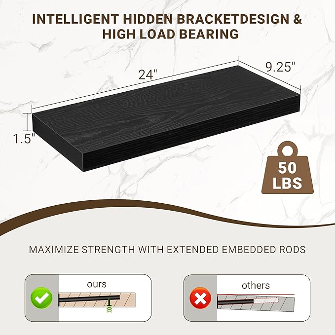 Acovy 24 Inch Floating Shelves, 24"x9.25"x1.5" Inch Deep Floating Shelves for Wall, Wooden Shelves for Bathroom, Bedroom, Living Room, Black, 2 Pieces