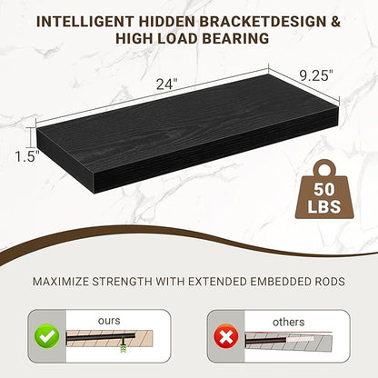Acovy 24 Inch Floating Shelves, 24"x9.25"x1.5" Inch Deep Floating Shelves for Wall, Wooden Shelves for Bathroom, Bedroom, Living Room, Black, 2 Pieces