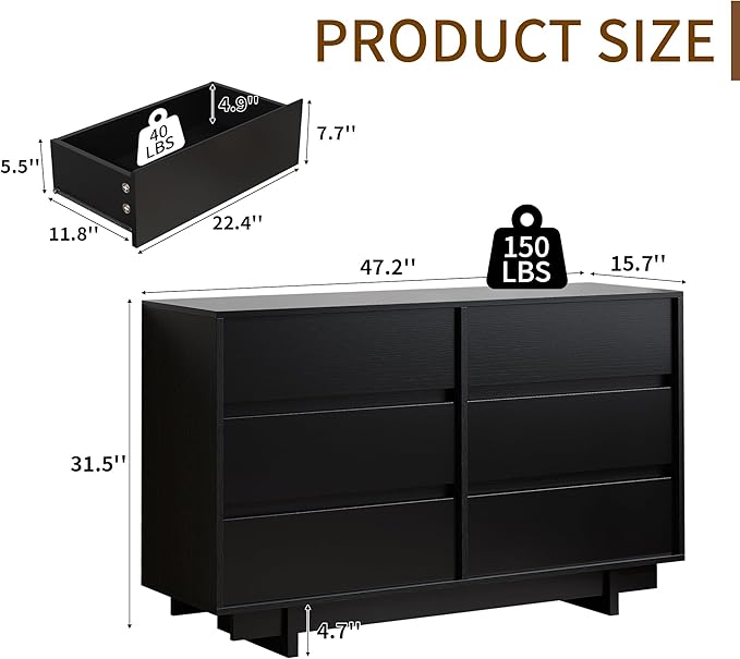 47" Wide Dresser for Bedroom with 6 Drawers,Black Modern Dressers Chest of Drawers,Wooden TV Stand,Closet Clothes Organizer for Bedroom,Hallway