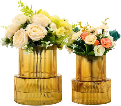 Ribbed Glass Vases for Bouquet, Set of 2 Amber Vases for Flowers, Amber Glass Vase for Tulips, Modern Vase for Living Room, Office, Coffe Table, Dining Table, Shelf, Wedding