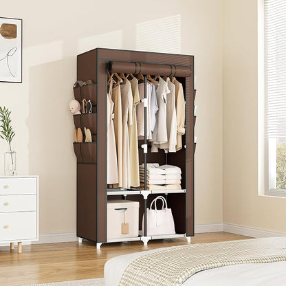 VTRIN Portable Closet Wardrobe for Hanging Clothes with 4 Storage Shelves, 2 Hanging Rods and 6 Pockets, Stable and Easy Assembly Clothes Rack with Cover Free Standing Closet, Brown
