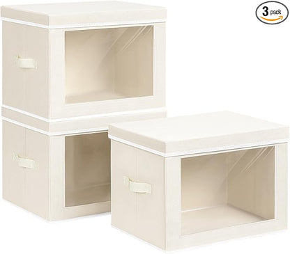 Homsorout Large Storage Baskets Bins with Lids - Stackable Cube Bins for Closet, 3 Pack Beige Windows Organizer Bins, Home Organizers and Storage for Clothes, CD, Towels