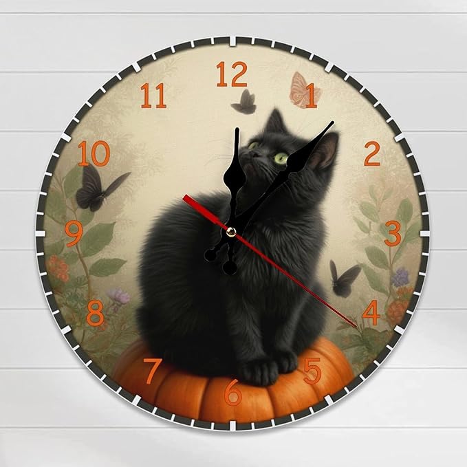 Wall Clock， Novelty Non Ticking Wall Clocks Battery Operated， Orange Wooden Wall Clocks for Kitchen， Living Room， Bedroom， Office， Bathroom Decorative. Featuring Black Cat And Pumpkin， Halloween Theme