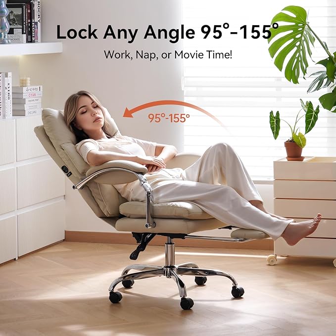 LEAGOO Heated Massage Office Chair with Foot Rest, Reclining Ergonomic Executive Office Chair with Massager for Lower Back, High Back PU Leather Comfy Heated Computer Desk Chair with Wheels, White