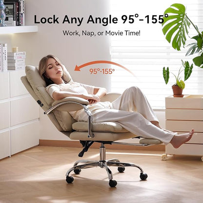 LEAGOO Heated Massage Office Chair with Foot Rest, Reclining Ergonomic Executive Office Chair with Massager for Lower Back, High Back PU Leather Comfy Heated Computer Desk Chair with Wheels, White