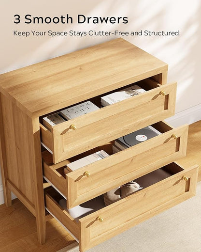 Dresser for Bedroom with 3 Drawers, Modern Closet Storage Organizer with Golden Handles, Wood Nightstand End Table for Living Room, Bedroom, Entryway, Hallway, Natural Oak