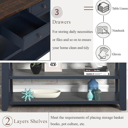 LKTART Solid Wood Console Table Sofa Table with Storage Drawers and Bottom Shelf Entryway Table for Entry Hallway Foyer Sofa Couch Table Easy Assembled (48.8" Blue)