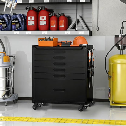 Metal Garage Storage Cabinet with Wheels, Rolling Tool Cabinet with 6 Drawers, Heavy Duty Tool Cabinet with Workbench, Assembly Required, Black