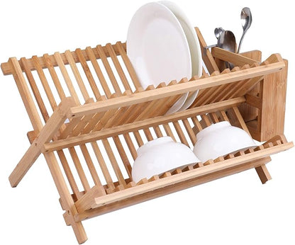 Lawei Bamboo Dish Drying Rack with Utensil Holder - Collapsible Dish Drainer Foldable Dish Rack Bamboo Plate Rack for Plates, Cups, Mugs, Utensil, Flatwares