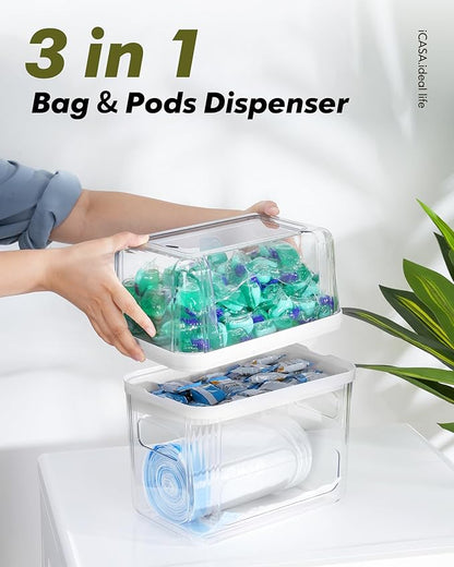 iCASA Trash Bag Dispenser and Dishwasher Pod Organizer, 3 in 1 Dish Pod and Trash Bag Holder Large Garbage Bag Dispenser, Laundry Detergent Pods & Tabs Container Kitchen Under Sink Organizer