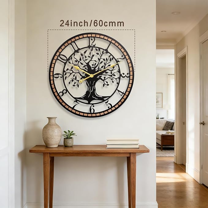 Axioglo Wall Clock,24" Large Wall Clock for Living Room Decor,Tree of Life and Wooden Frame Design,Non-Ticking Battery Operated,for Dining Room,Bedroom,Kitchen,Office Arabic Decoration