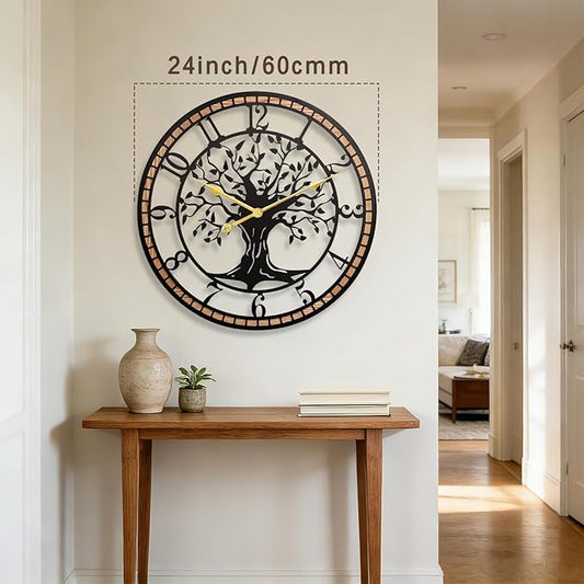 Axioglo Wall Clock,24" Large Wall Clock for Living Room Decor,Tree of Life and Wooden Frame Design,Non-Ticking Battery Operated,for Dining Room,Bedroom,Kitchen,Office Arabic Decoration