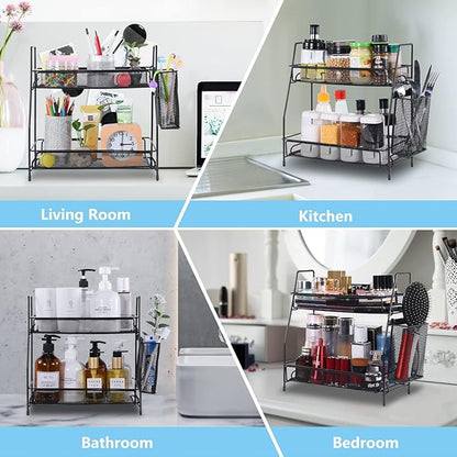 LEMIKKLE 2-Tier Bathroom Countertop Organizer,Skincare, Makeup Countertop Organizers, Kitchen, Bathroom Counter Storage with Small Basket (Black)