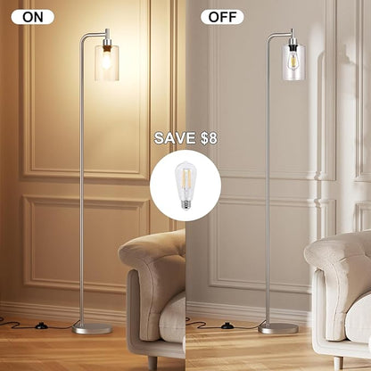 Floor Lamps for Living Room - Industrial Standing Lamp with Glass Shade, Modern Floor Lamp with LED Bulbs, Tall Lamp for Bedroom Office - Brushed Nickel