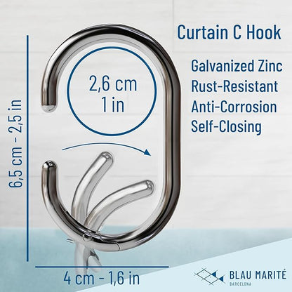 12 Metal Shower Curtain Hooks, Rust-Proof Decorative C-Shaped Curtain Hooks for Bathroom, Chrome Shower Curtain Rings, Fits Rods Up to 1 Inch (C, Silver)