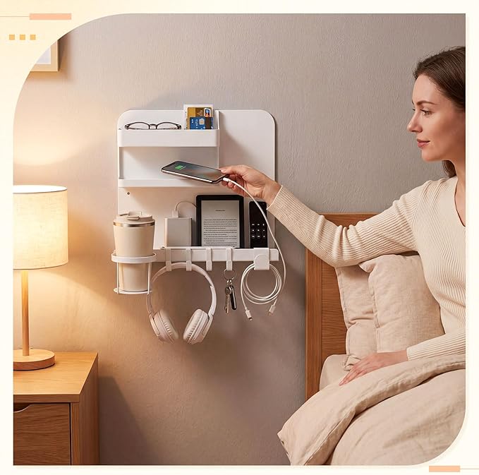 Novabright White 13 x 10 Inch Bedside Wall Organizer for Bedroom, Large Metal Floating Bedside Shelf Wall Mount Storage for Phone Remote Control Cup Holder Dorm Room, Rv, Small Room Accessories
