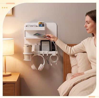 Novabright White 13 x 10 Inch Bedside Wall Organizer for Bedroom, Large Metal Floating Bedside Shelf Wall Mount Storage for Phone Remote Control Cup Holder Dorm Room, Rv, Small Room Accessories