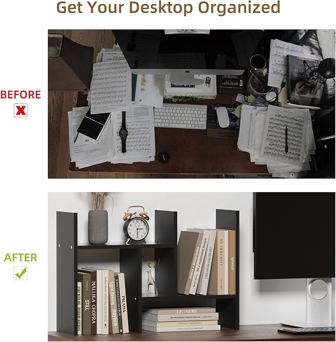 TY ARTS & CULTURE - Expandable Wood Desktop Storage Organizer Multipurpose Desk Bookshelf Display Shelf Rack Counter Top Bookcase for Office Home | Black