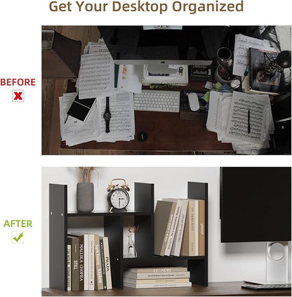 TY ARTS & CULTURE - Expandable Wood Desktop Storage Organizer Multipurpose Desk Bookshelf Display Shelf Rack Counter Top Bookcase for Office Home | Black